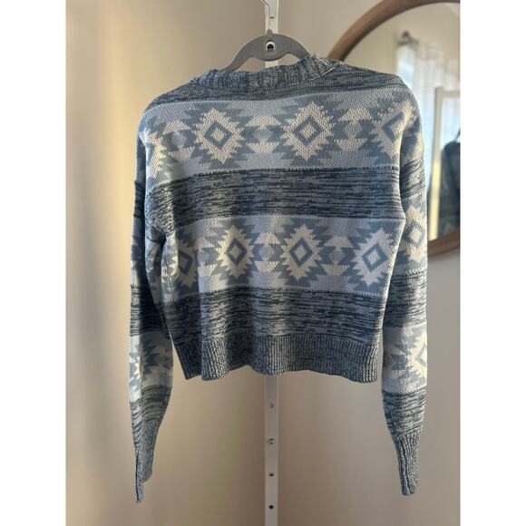 Derek Heart Blue Cropped Cardigan Aztec Print Winter Blues Large - Picture 2 of 4